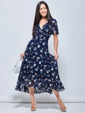 Pleated Chiffon High Low Maxi Dress, Navy Floral