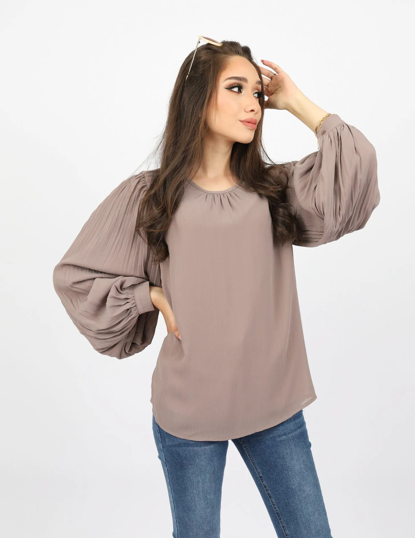 Pleated Sleeve Chiffon Top