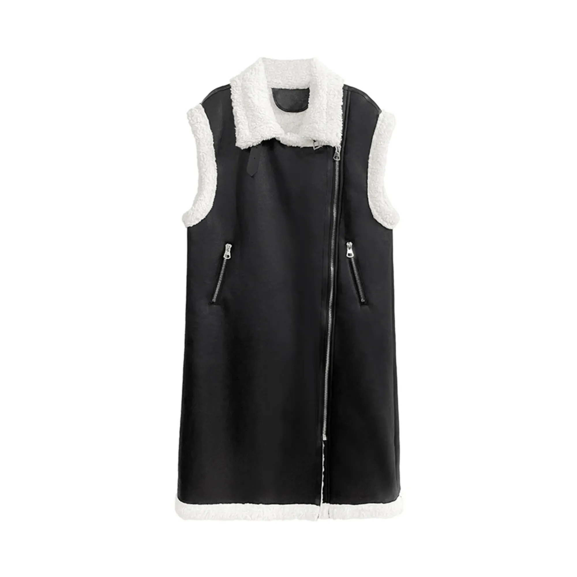 Pre Order:  Faux Fur Spliced Faux Leather Long Vest