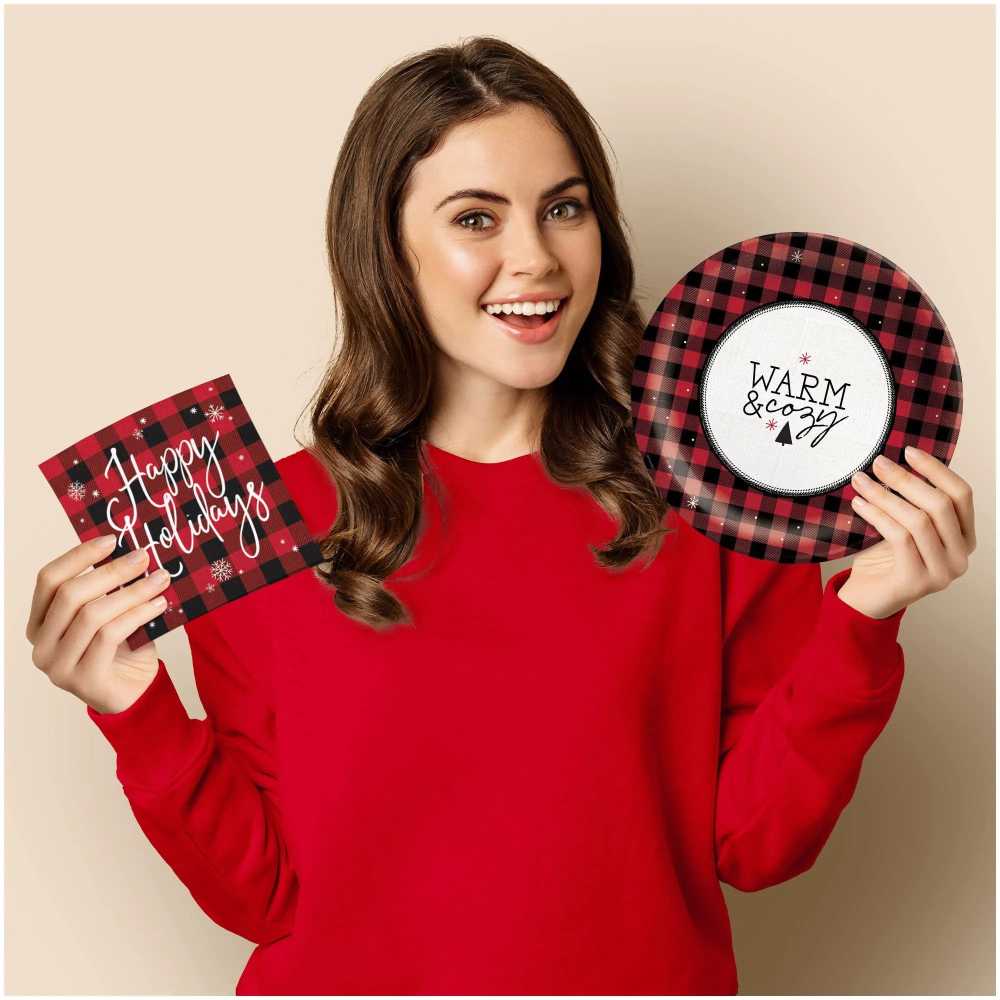 Red & Black Buffalo Plaid Warm & Cozy Happy Holidays Plates With Napkins (Serves 16)