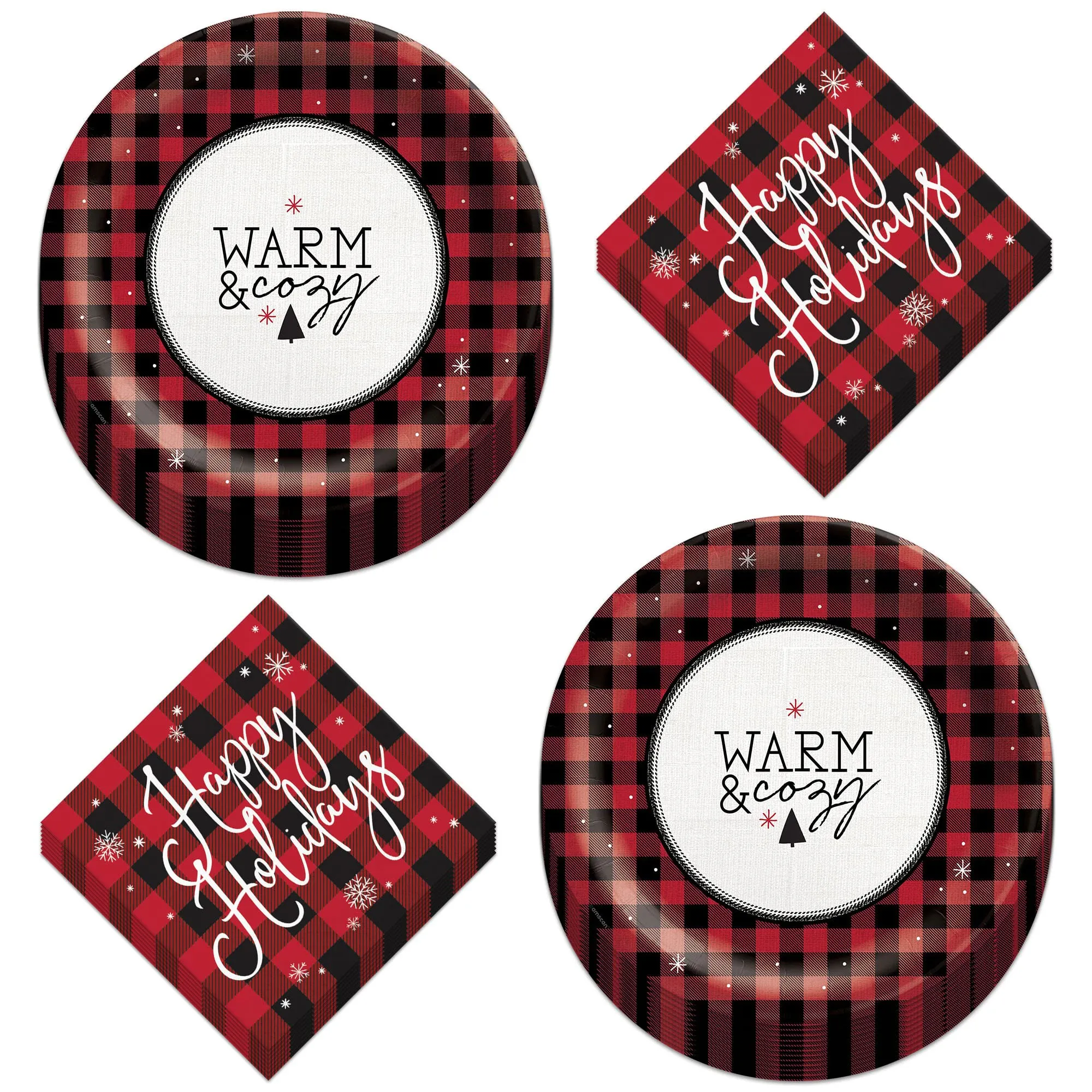 Red & Black Buffalo Plaid Warm & Cozy Happy Holidays Plates With Napkins (Serves 16)