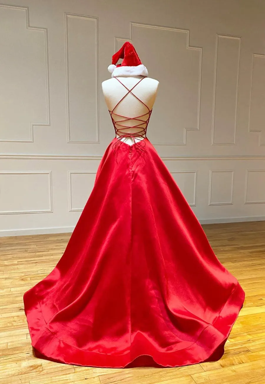 Red Satin Long Prom Dresses Simple A-Line Evening Dresses