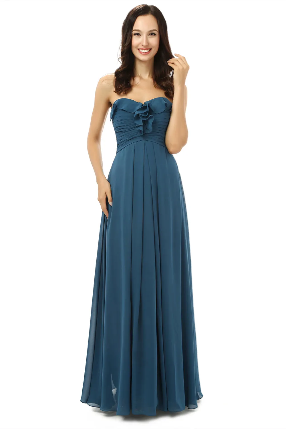 Simple Navy Blue Chiffon Sweetheart Floor Length Bridesmaid Dresses