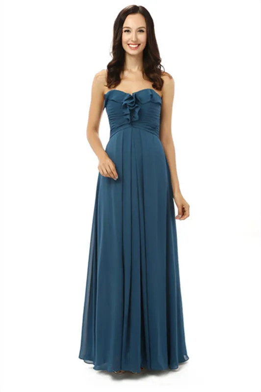 Simple Navy Blue Chiffon Sweetheart Floor Length Bridesmaid Dresses