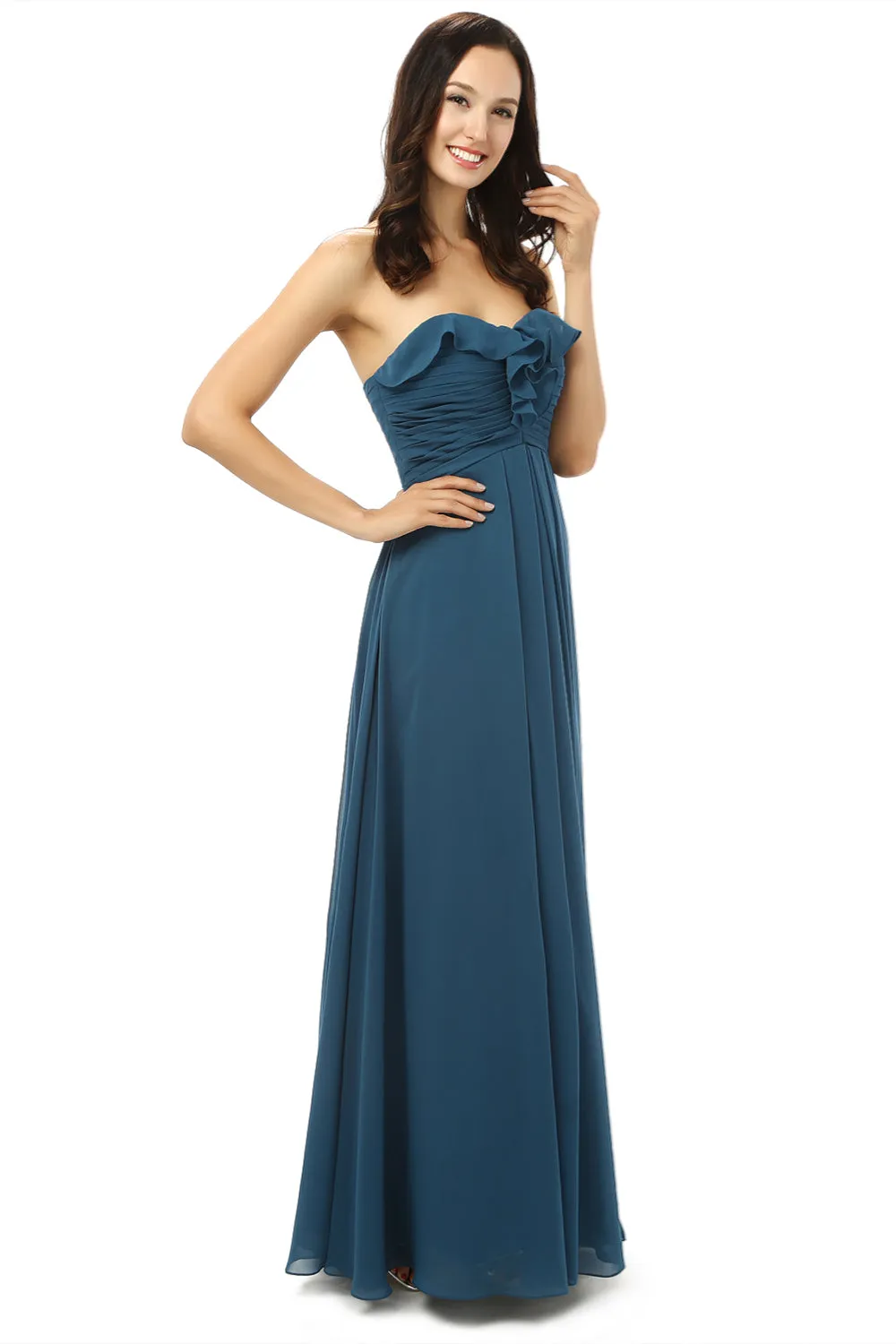 Simple Navy Blue Chiffon Sweetheart Floor Length Bridesmaid Dresses