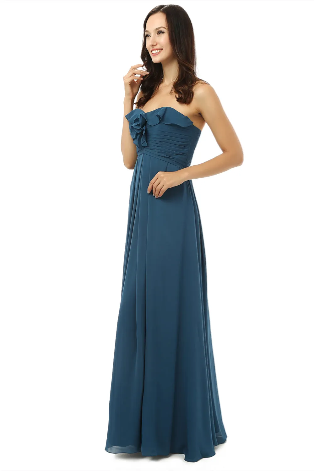 Simple Navy Blue Chiffon Sweetheart Floor Length Bridesmaid Dresses