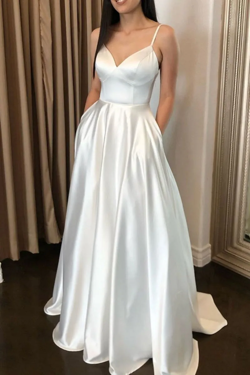 Simple White Satin Long Prom Dresses, Cheap White Evening Dresses, White Formal Dresses