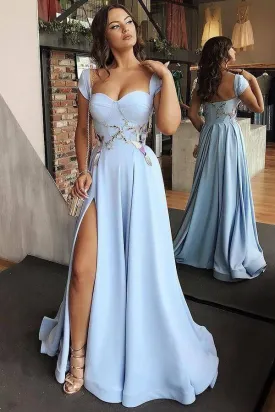 Sky Blue A-line Sweetheart Cape Sleeves Long Prom Dresses With Side Split