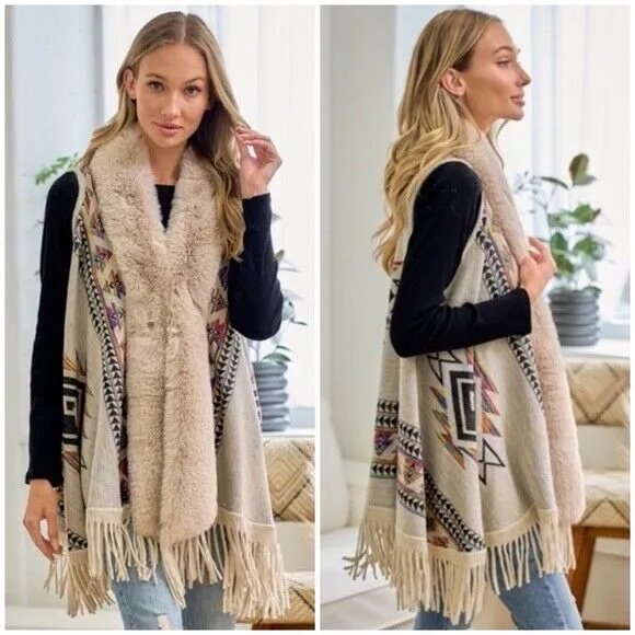 Taupe Multi Color Faux Fur Trim Sleeveless Knit Western Boho Cardigan Vest