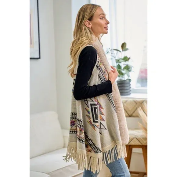 Taupe Multi Color Faux Fur Trim Sleeveless Knit Western Boho Cardigan Vest