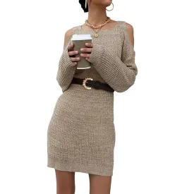 TEEK - Khaki Peek Shoulder Long Sleeve Sweater Dress