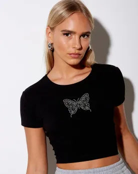 Tiney Crop Tee in Black Butterfly Hotfix