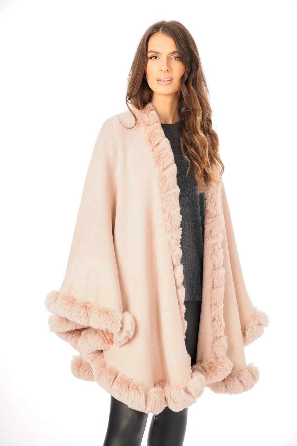 Ultra Soft Faux Fur Trim Swing Poncho Cape