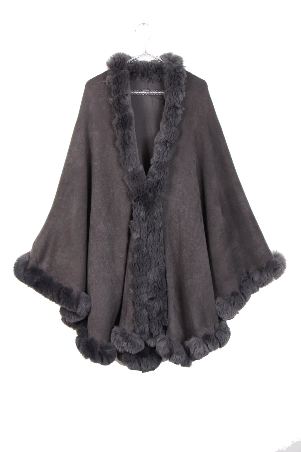 Ultra Soft Faux Fur Trim Swing Poncho Cape