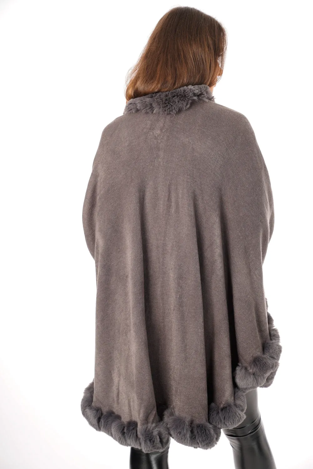 Ultra Soft Faux Fur Trim Swing Poncho Cape