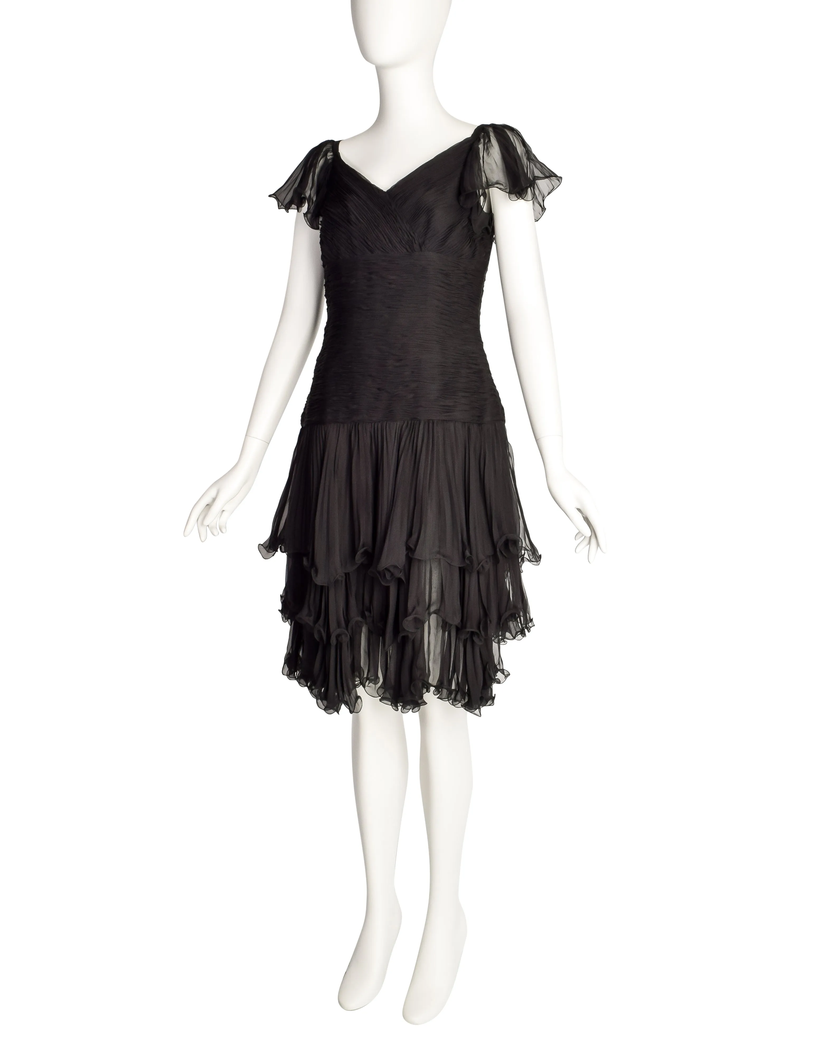 Valentino Vintage Black Silk Chiffon Pleated Black Dress