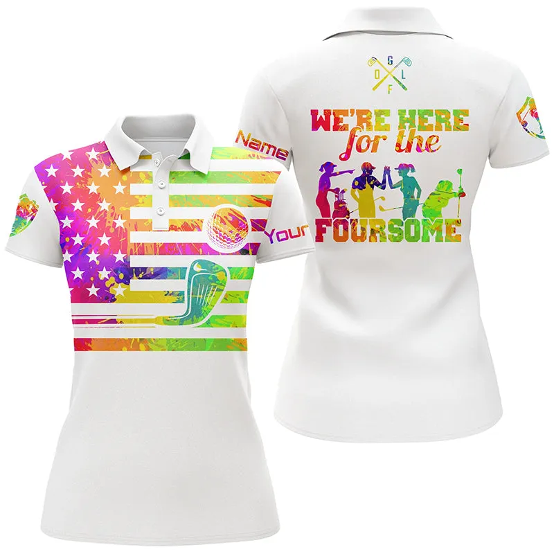 Watercolor White American Flag Women Golf Polo Shirts Custom We're Here For The Foursome Golf Gifts