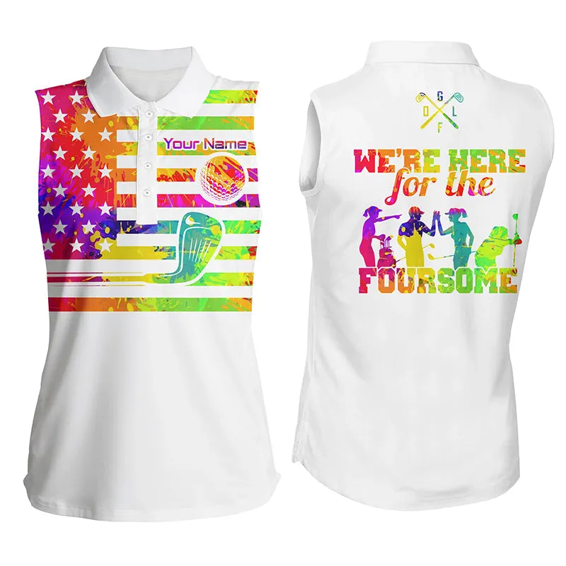 Watercolor White American Flag Women Golf Polo Shirts Custom We're Here For The Foursome Golf Gifts